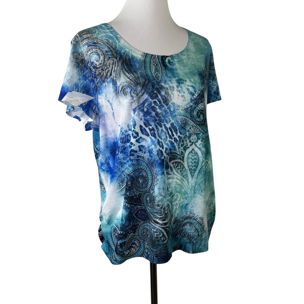 Chico's Zenergy Blue Black Paisley Tie Dye Sequin‎ Short Sleeve Top Womens 3